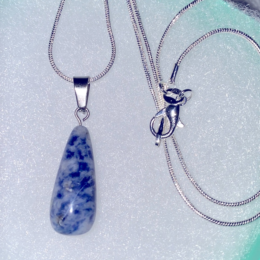 Blue and White Sodalite Sterling Silver Necklace 30”